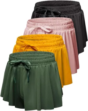 Real Essentials 4 Pack: Girls 2-in-1 Flowy Shorts with Spandex Liner Youth Butterfly Skirts - Athletic Dance (Ages 4-18)