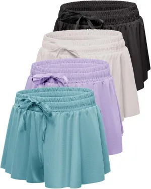 Real Essentials 4 Pack: Girls 2-in-1 Flowy Shorts with Spandex Liner Youth Butterfly Skirts - Athletic Dance (Ages 4-18)