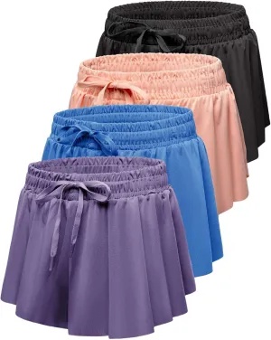 Real Essentials 4 Pack: Girls 2-in-1 Flowy Shorts with Spandex Liner Youth Butterfly Skirts - Athletic Dance (Ages 4-18)