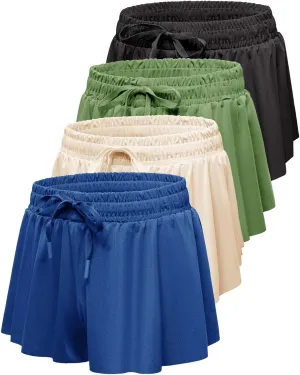 Real Essentials 4 Pack: Girls 2-in-1 Flowy Shorts with Spandex Liner Youth Butterfly Skirts - Athletic Dance (Ages 4-18)