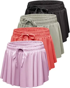 Real Essentials 4 Pack: Girls 2-in-1 Flowy Shorts with Spandex Liner Youth Butterfly Skirts - Athletic Dance (Ages 4-18)