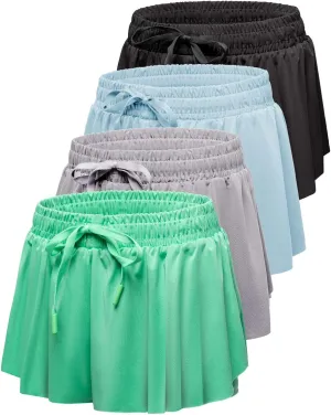 Real Essentials 4 Pack: Girls 2-in-1 Flowy Shorts with Spandex Liner Youth Butterfly Skirts - Athletic Dance (Ages 4-18)