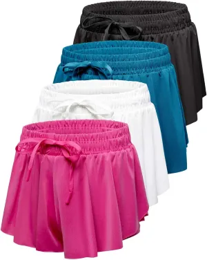 Real Essentials 4 Pack: Girls 2-in-1 Flowy Shorts with Spandex Liner Youth Butterfly Skirts - Athletic Dance (Ages 4-18)