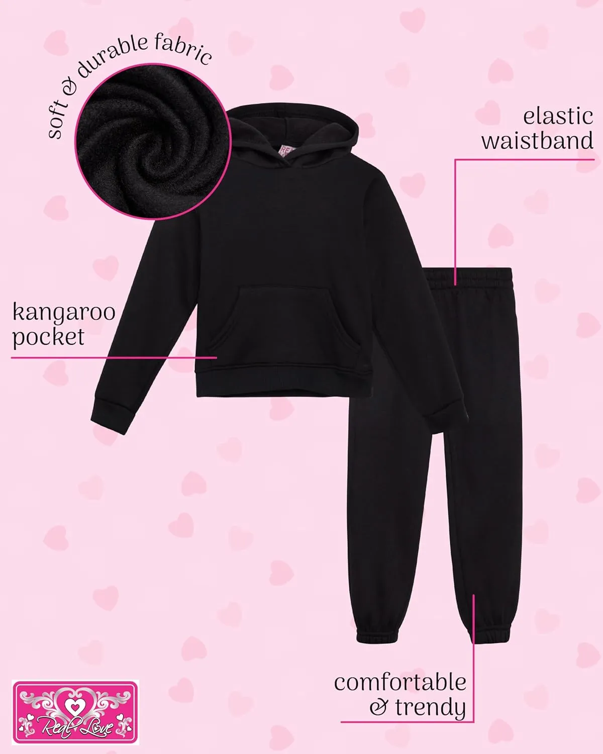 Real Love Toddler Girls' Jogger Set - 2 Piece Soft Fleece Pullover Hoodie and Jogger Pants for Little Girls (2T-6)