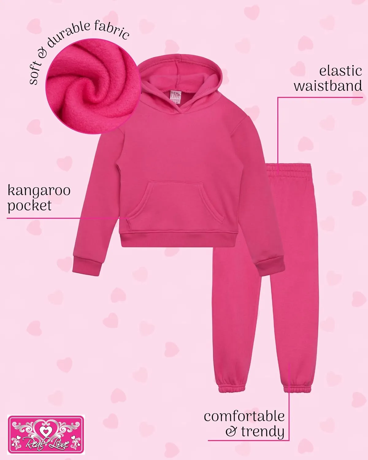 Real Love Toddler Girls' Jogger Set - 2 Piece Soft Fleece Pullover Hoodie and Jogger Pants for Little Girls (2T-6)