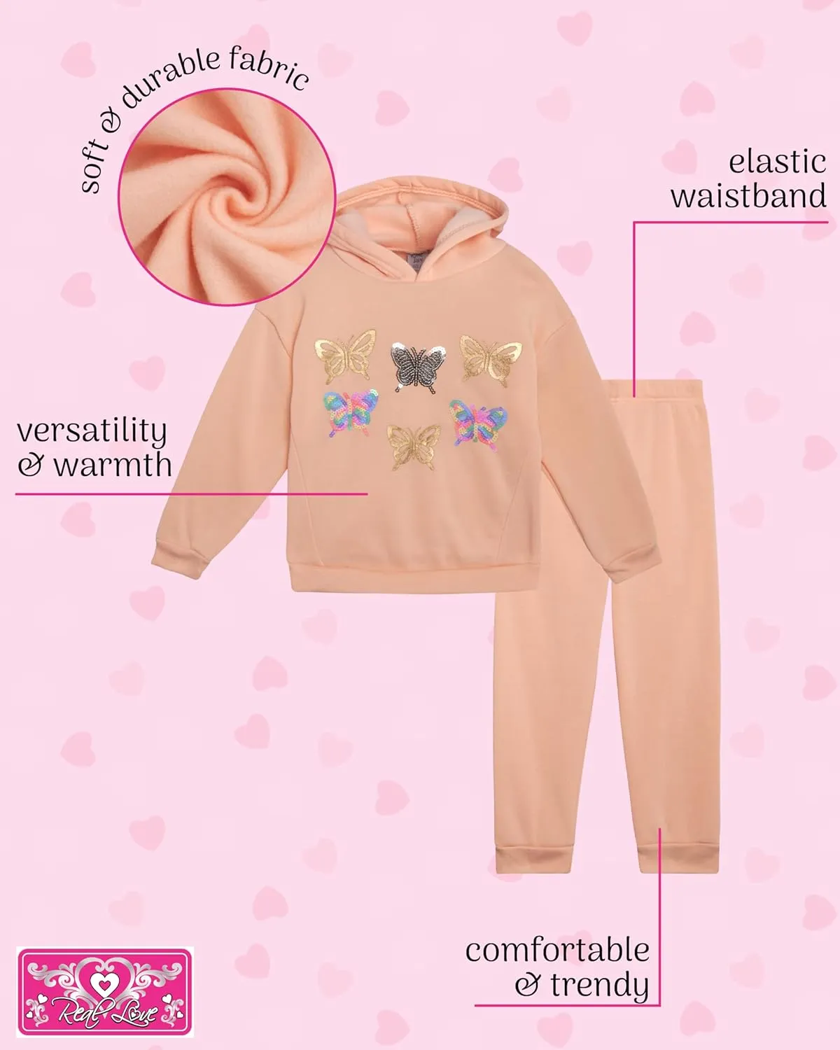 Real Love Toddler Girls' Jogger Set - 2 Piece Soft Fleece Pullover Hoodie and Jogger Pants - Girls Sweatsuit Set (2T-6X)
