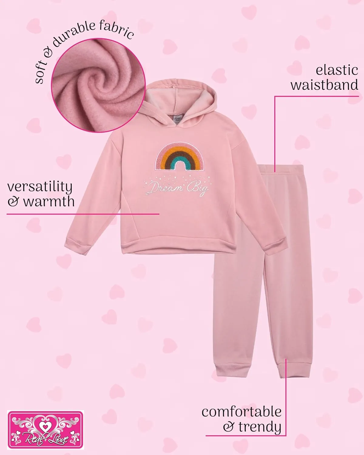 Real Love Toddler Girls' Jogger Set - 2 Piece Soft Fleece Pullover Hoodie and Jogger Pants - Girls Sweatsuit Set (2T-6X)