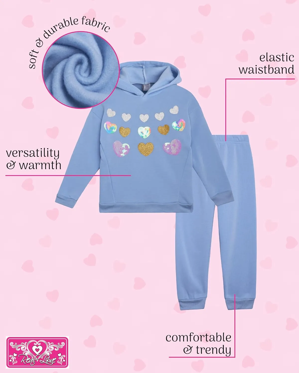 Real Love Toddler Girls' Jogger Set - 2 Piece Soft Fleece Pullover Hoodie and Jogger Pants - Girls Sweatsuit Set (2T-6X)