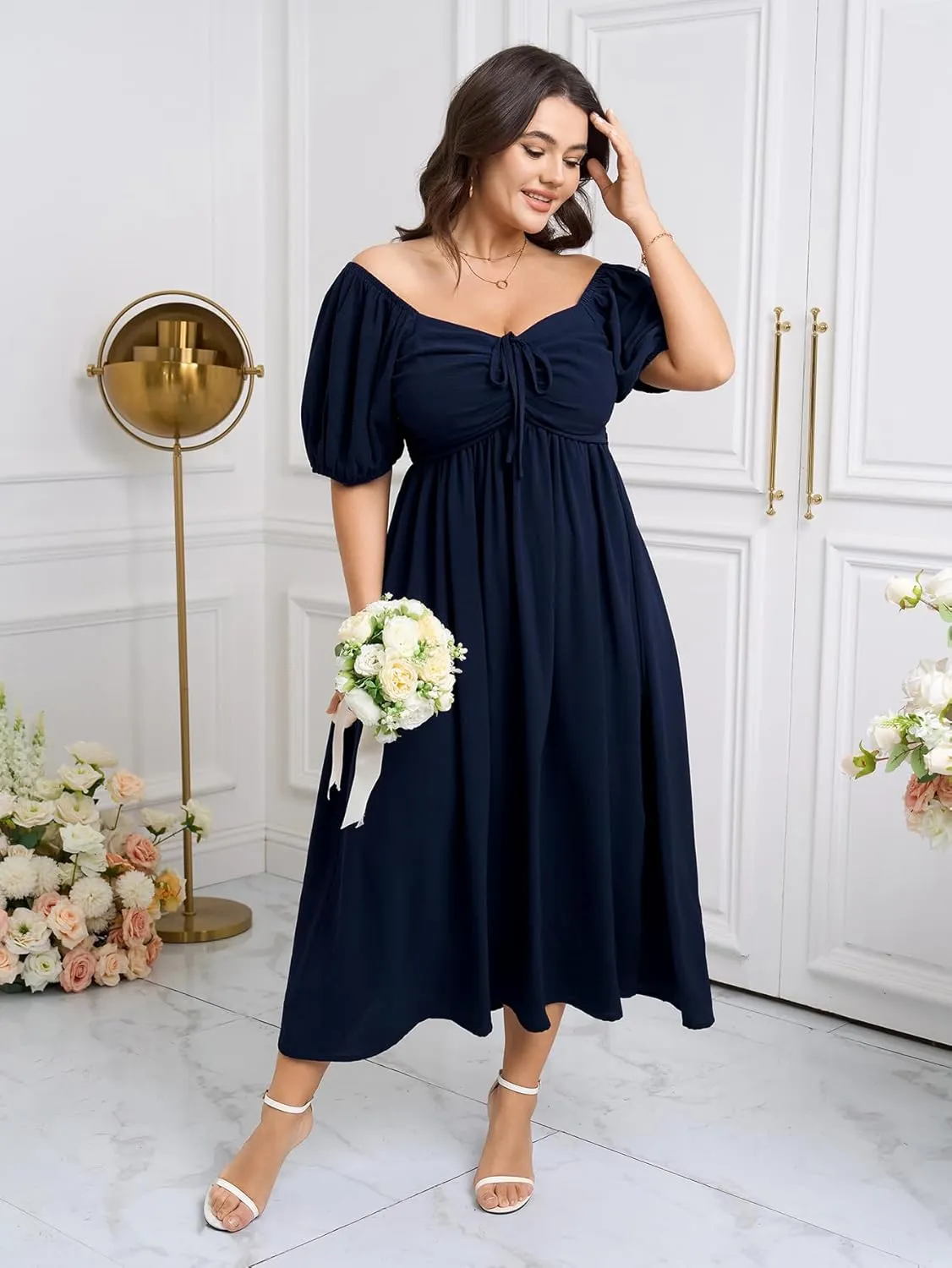 SCOMCHIC Plus Size Sweetheart Neckline Maxi Dress Formal Wedding Guest Short Puff Sleeve Cocktail Smocked A-Line Dresses