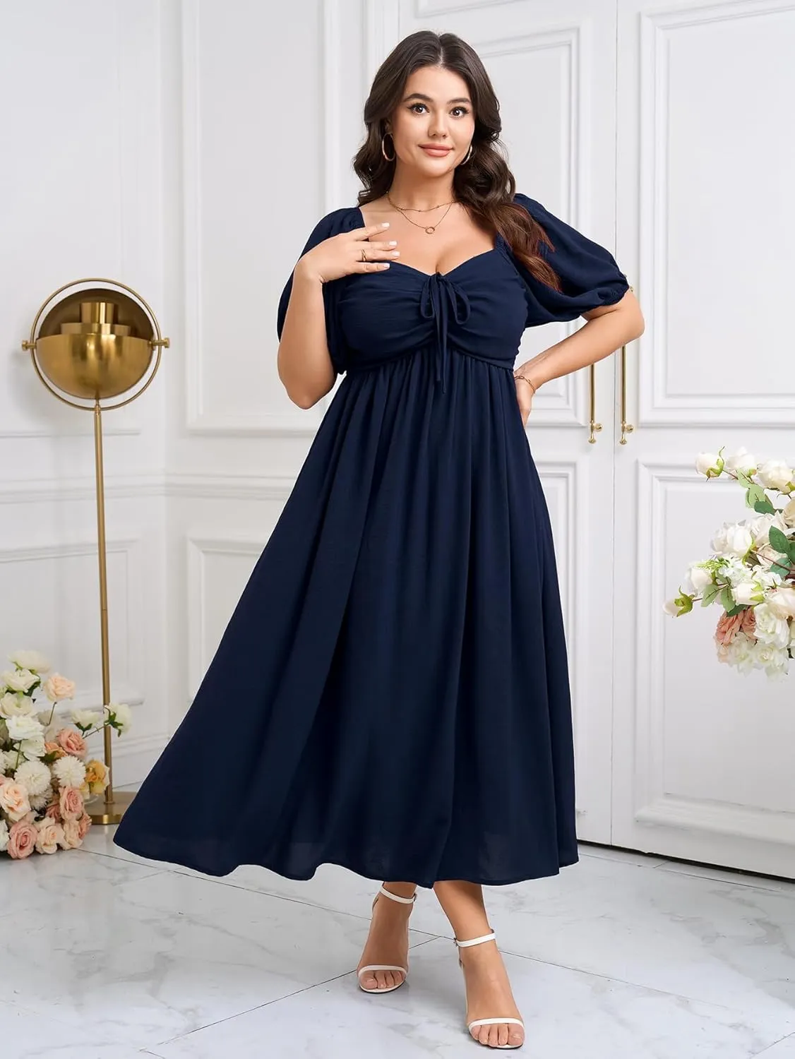 SCOMCHIC Plus Size Sweetheart Neckline Maxi Dress Formal Wedding Guest Short Puff Sleeve Cocktail Smocked A-Line Dresses