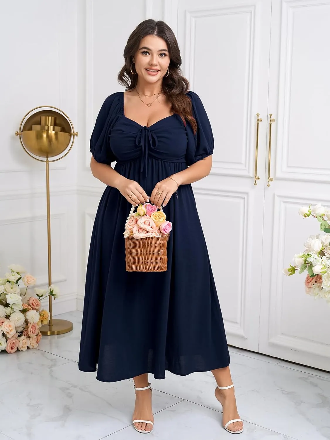 SCOMCHIC Plus Size Sweetheart Neckline Maxi Dress Formal Wedding Guest Short Puff Sleeve Cocktail Smocked A-Line Dresses