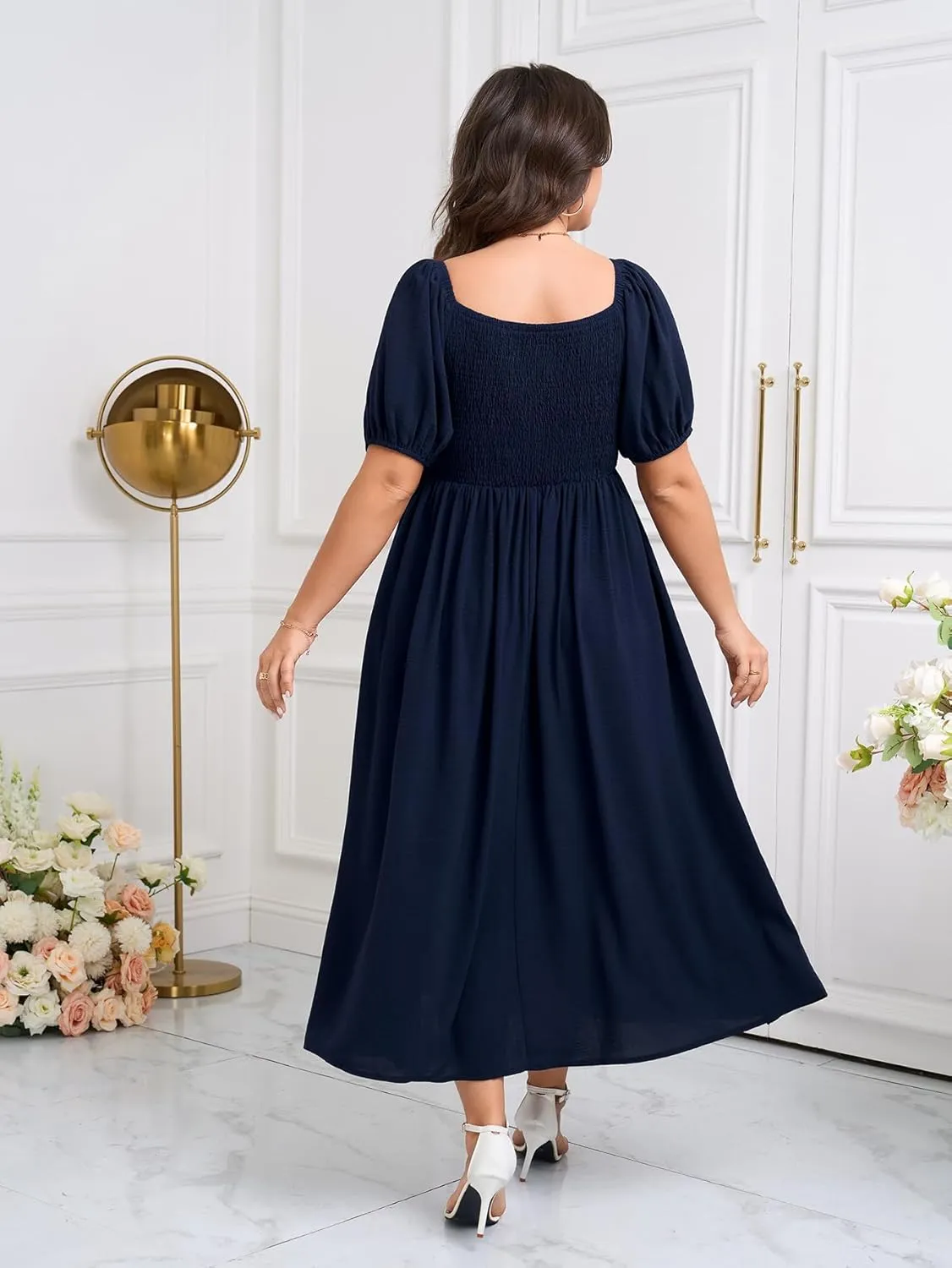 SCOMCHIC Plus Size Sweetheart Neckline Maxi Dress Formal Wedding Guest Short Puff Sleeve Cocktail Smocked A-Line Dresses