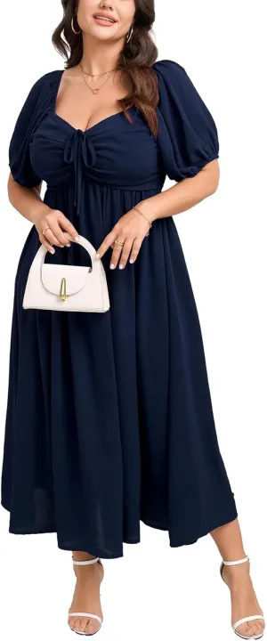 SCOMCHIC Plus Size Sweetheart Neckline Maxi Dress Formal Wedding Guest Short Puff Sleeve Cocktail Smocked A-Line Dresses