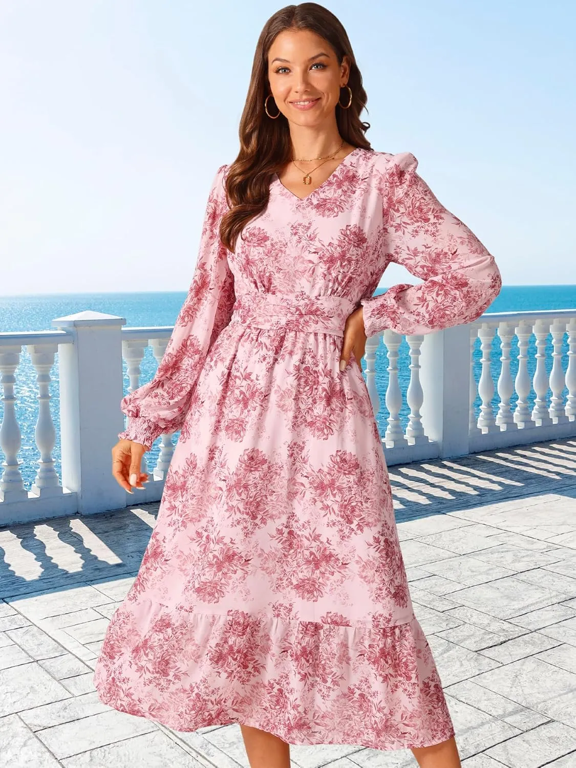 Seta T Women's Long Sleeve Floral Dresses V Neck Boho Ruffle Tiered Flowy Chiffon Midi Dress with Pocket