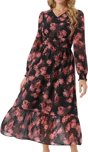 Seta T Women's Long Sleeve Floral Dresses V Neck Boho Ruffle Tiered Flowy Chiffon Midi Dress with Pocket