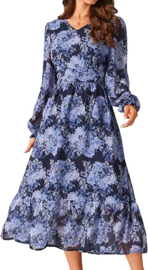 Seta T Women's Long Sleeve Floral Dresses V Neck Boho Ruffle Tiered Flowy Chiffon Midi Dress with Pocket
