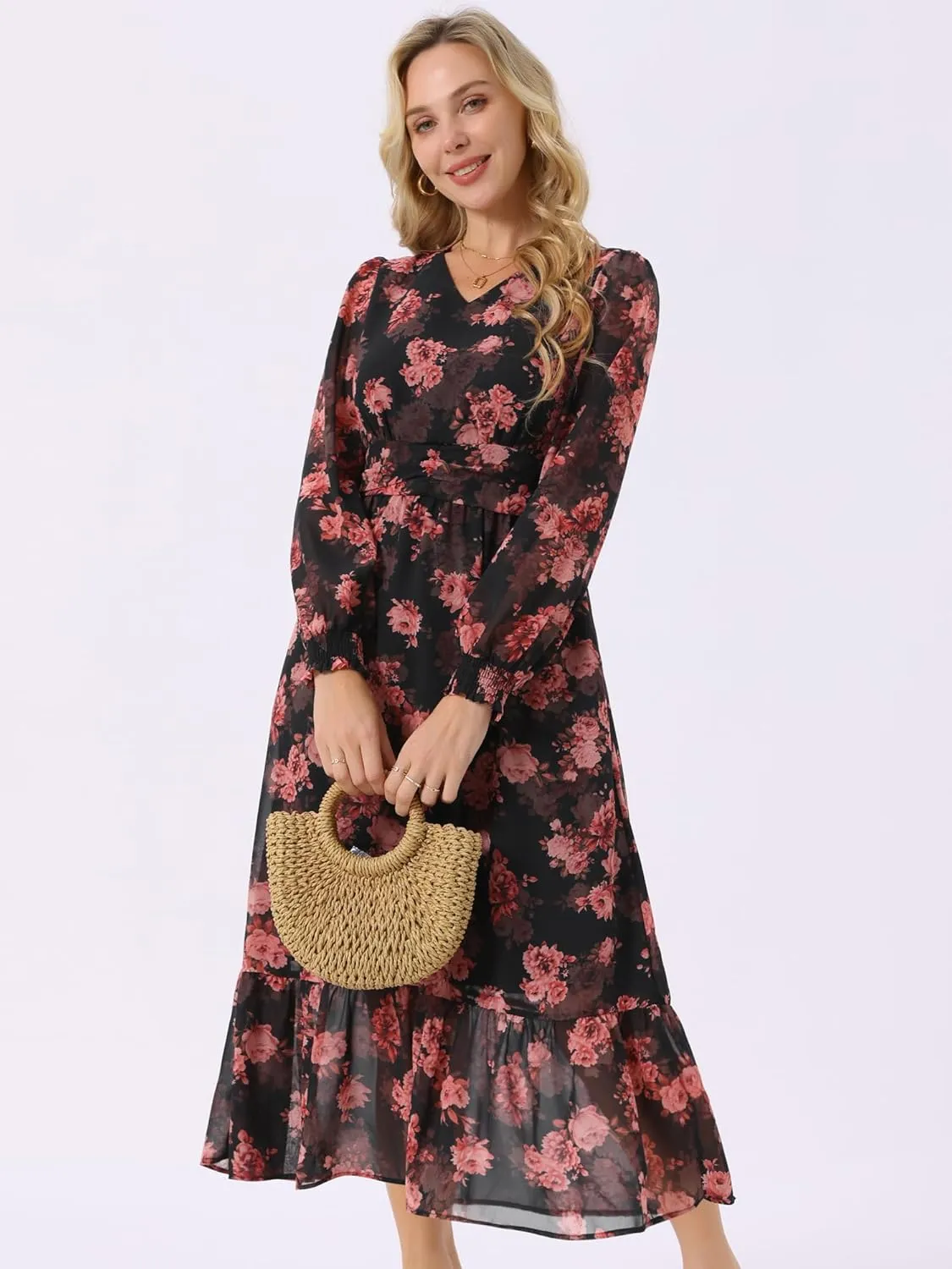 Seta T Women's Long Sleeve Floral Dresses V Neck Boho Ruffle Tiered Flowy Chiffon Midi Dress with Pocket