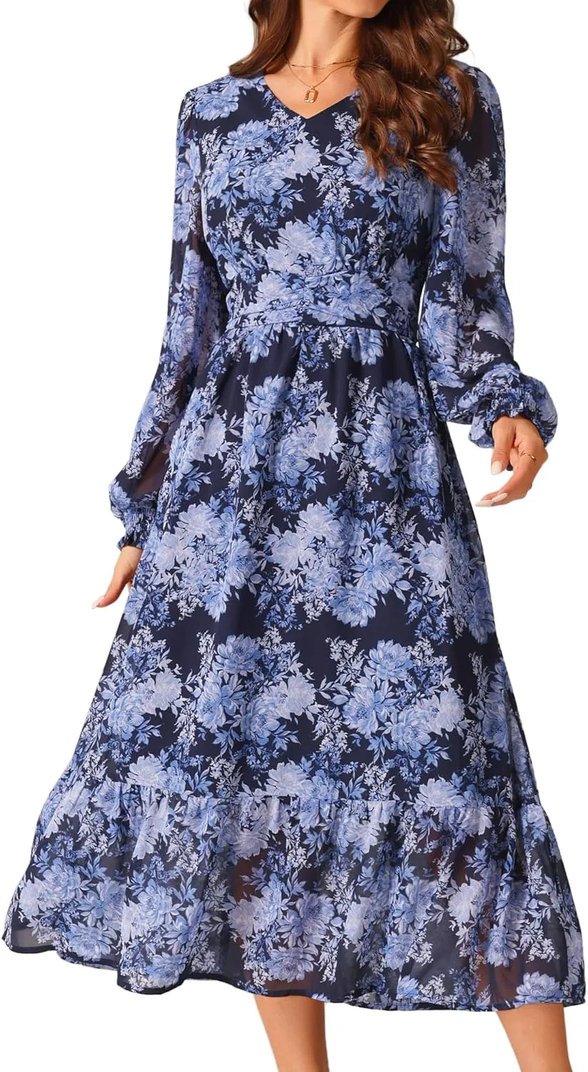Seta T Women's Long Sleeve Floral Dresses V Neck Boho Ruffle Tiered Flowy Chiffon Midi Dress with Pocket