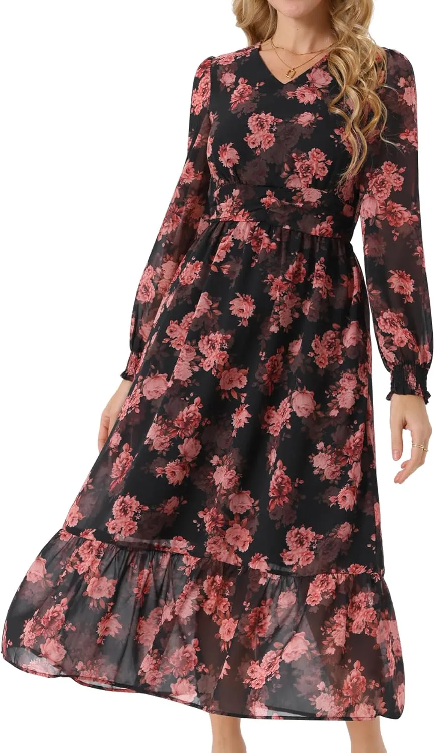 Seta T Women's Long Sleeve Floral Dresses V Neck Boho Ruffle Tiered Flowy Chiffon Midi Dress with Pocket