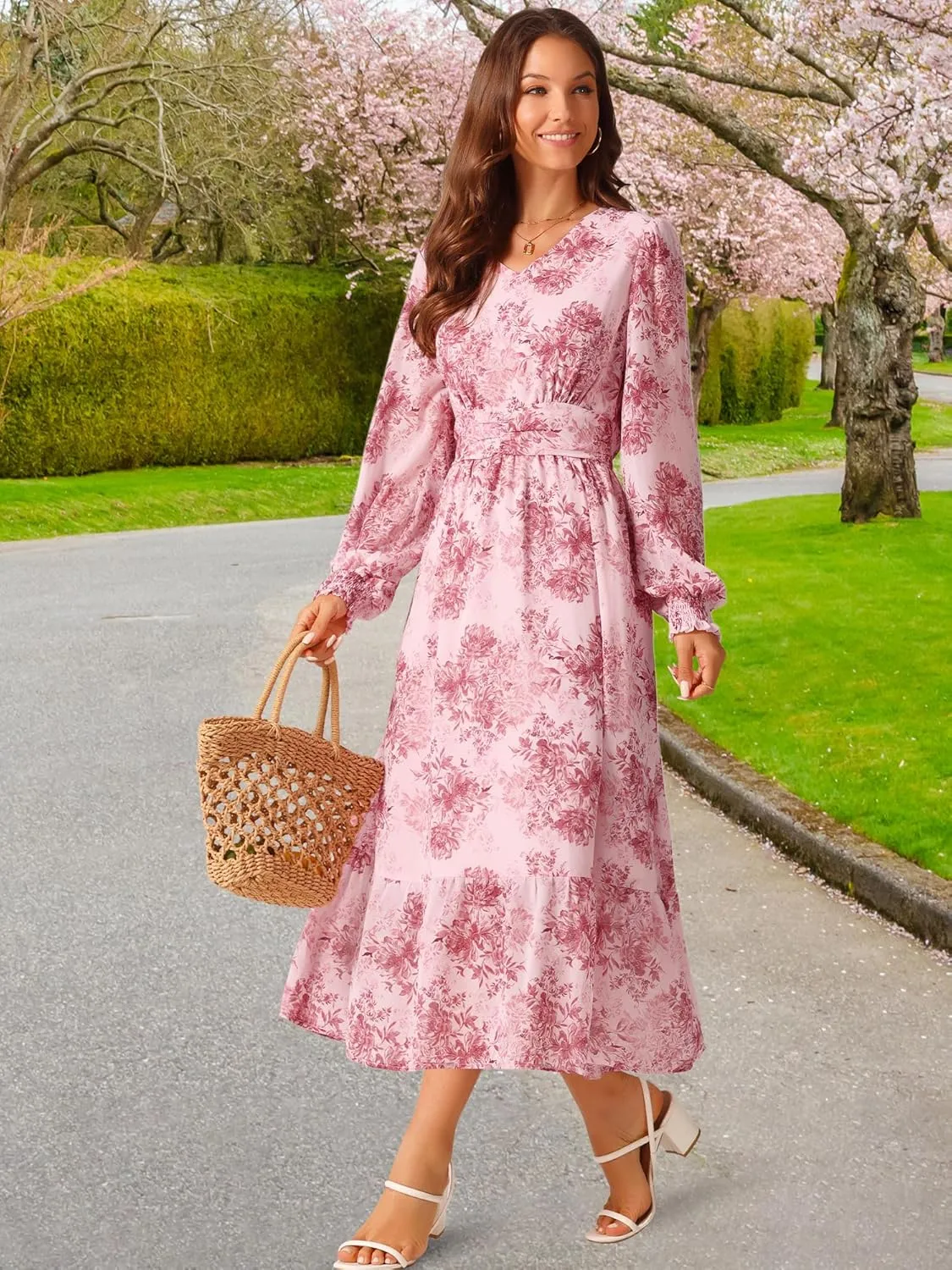 Seta T Women's Long Sleeve Floral Dresses V Neck Boho Ruffle Tiered Flowy Chiffon Midi Dress with Pocket