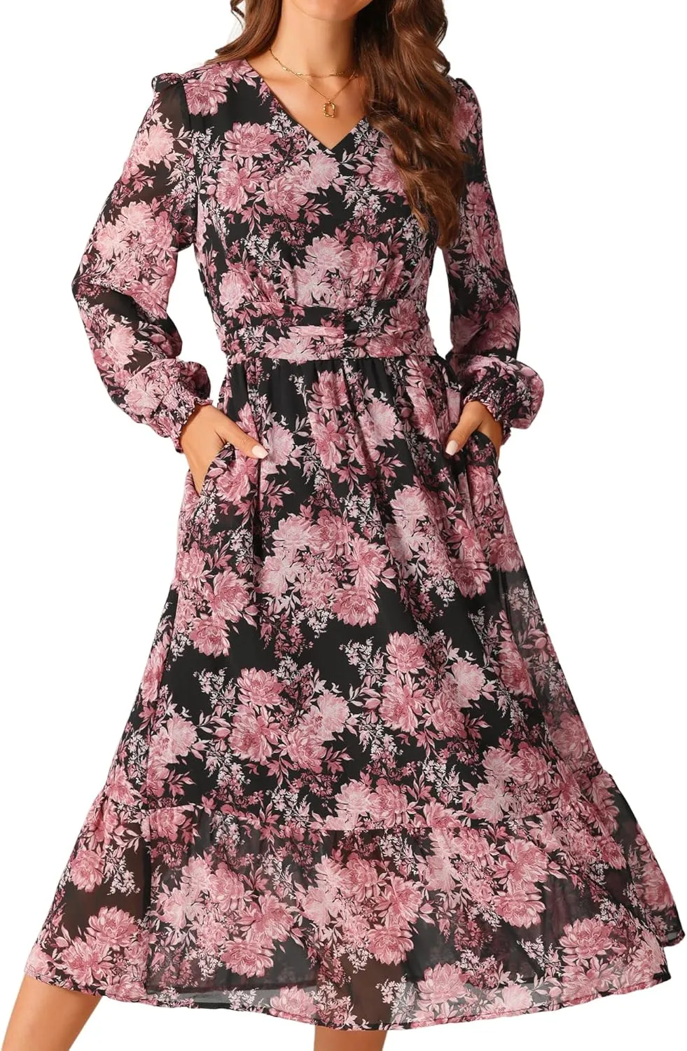 Seta T Women's Long Sleeve Floral Dresses V Neck Boho Ruffle Tiered Flowy Chiffon Midi Dress with Pocket