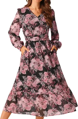 Seta T Women's Long Sleeve Floral Dresses V Neck Boho Ruffle Tiered Flowy Chiffon Midi Dress with Pocket