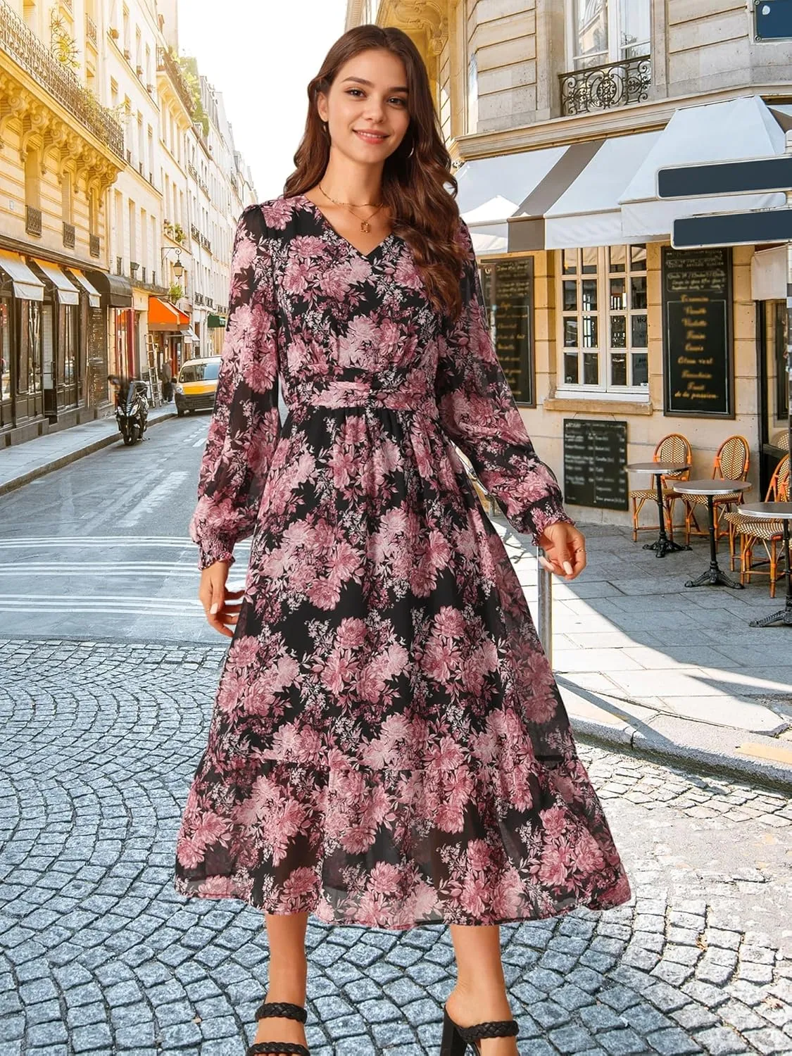 Seta T Women's Long Sleeve Floral Dresses V Neck Boho Ruffle Tiered Flowy Chiffon Midi Dress with Pocket