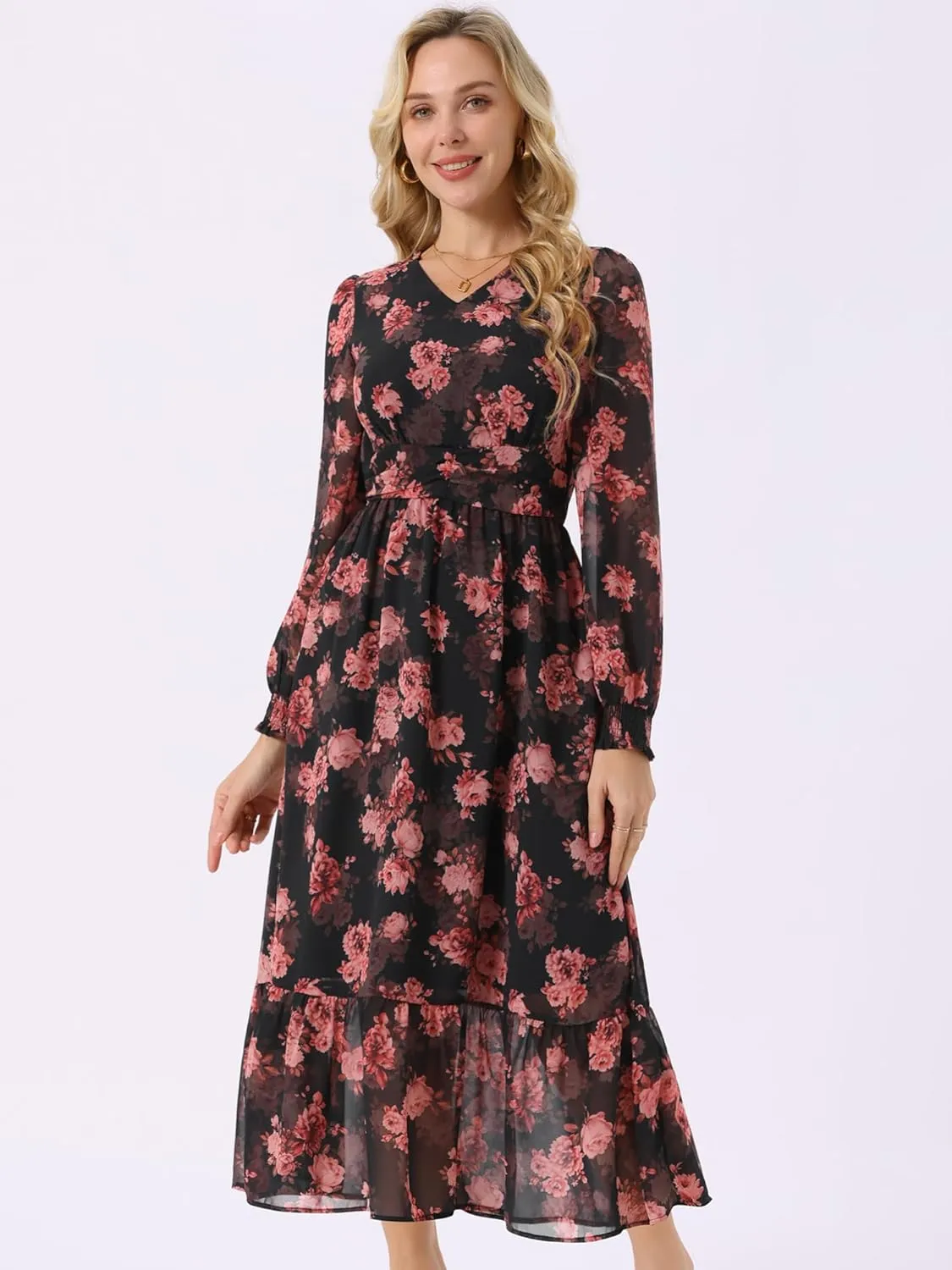 Seta T Women's Long Sleeve Floral Dresses V Neck Boho Ruffle Tiered Flowy Chiffon Midi Dress with Pocket