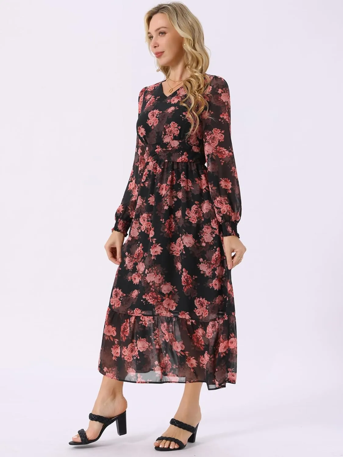 Seta T Women's Long Sleeve Floral Dresses V Neck Boho Ruffle Tiered Flowy Chiffon Midi Dress with Pocket