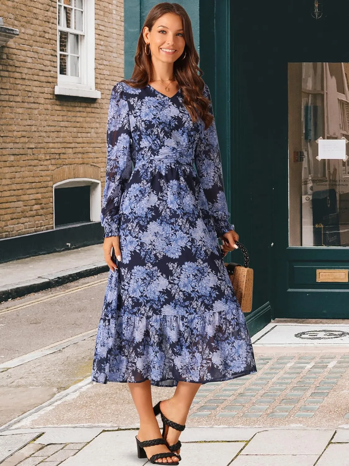 Seta T Women's Long Sleeve Floral Dresses V Neck Boho Ruffle Tiered Flowy Chiffon Midi Dress with Pocket