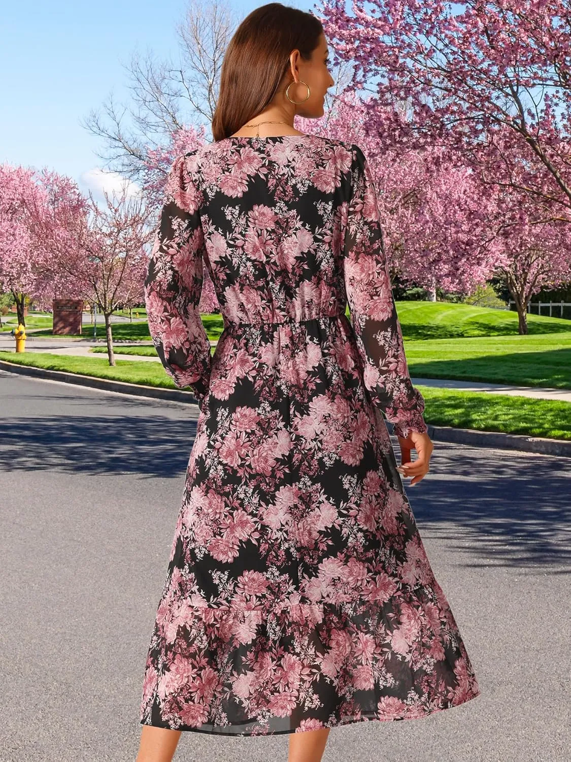 Seta T Women's Long Sleeve Floral Dresses V Neck Boho Ruffle Tiered Flowy Chiffon Midi Dress with Pocket