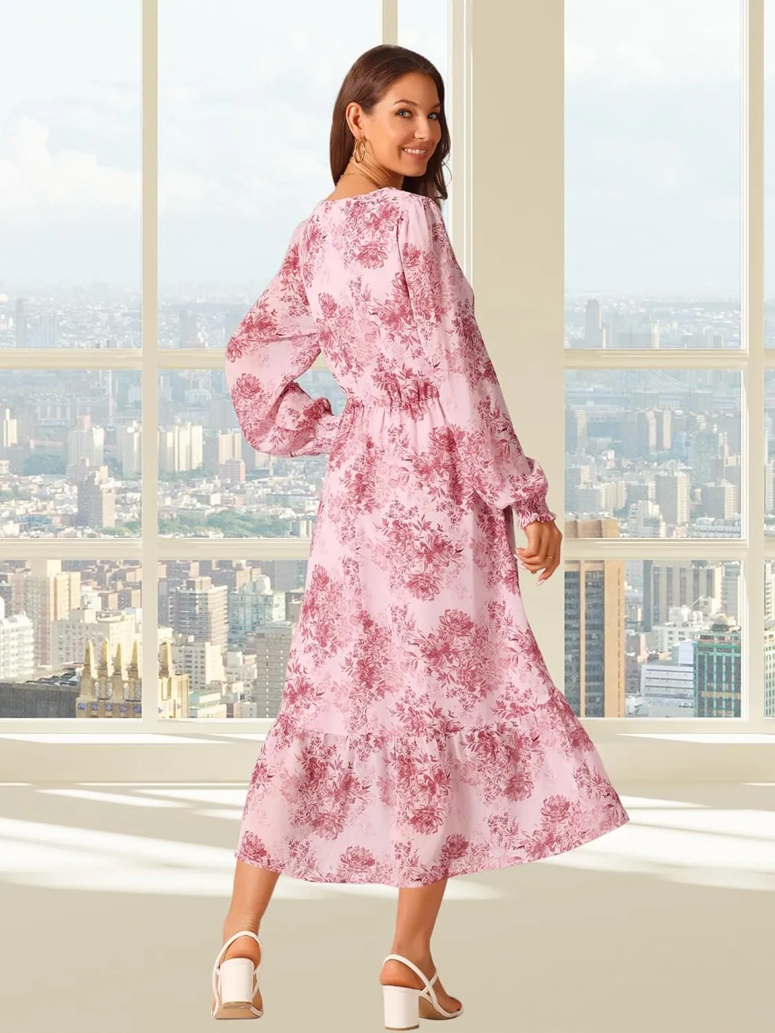 Seta T Women's Long Sleeve Floral Dresses V Neck Boho Ruffle Tiered Flowy Chiffon Midi Dress with Pocket