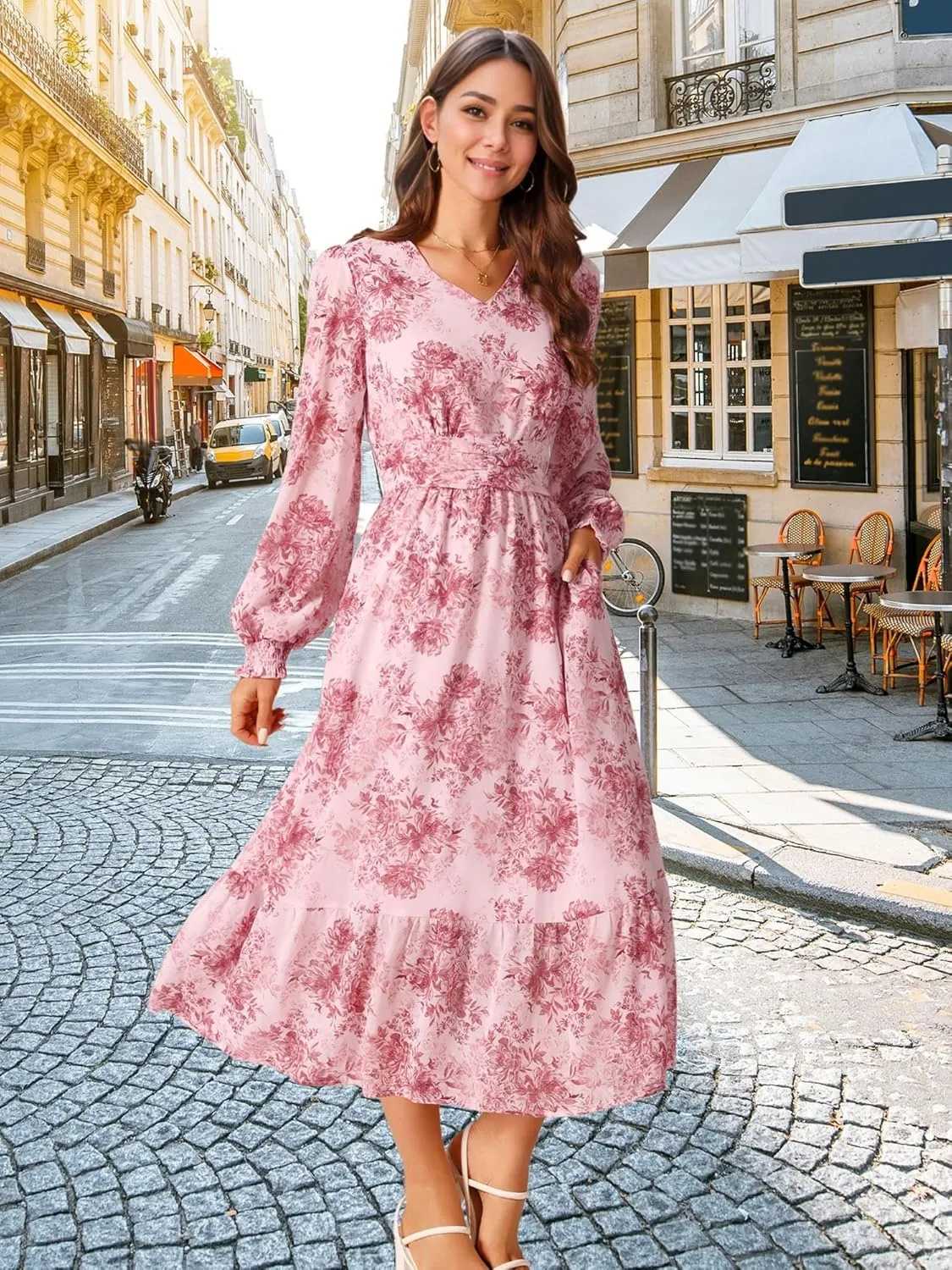 Seta T Women's Long Sleeve Floral Dresses V Neck Boho Ruffle Tiered Flowy Chiffon Midi Dress with Pocket