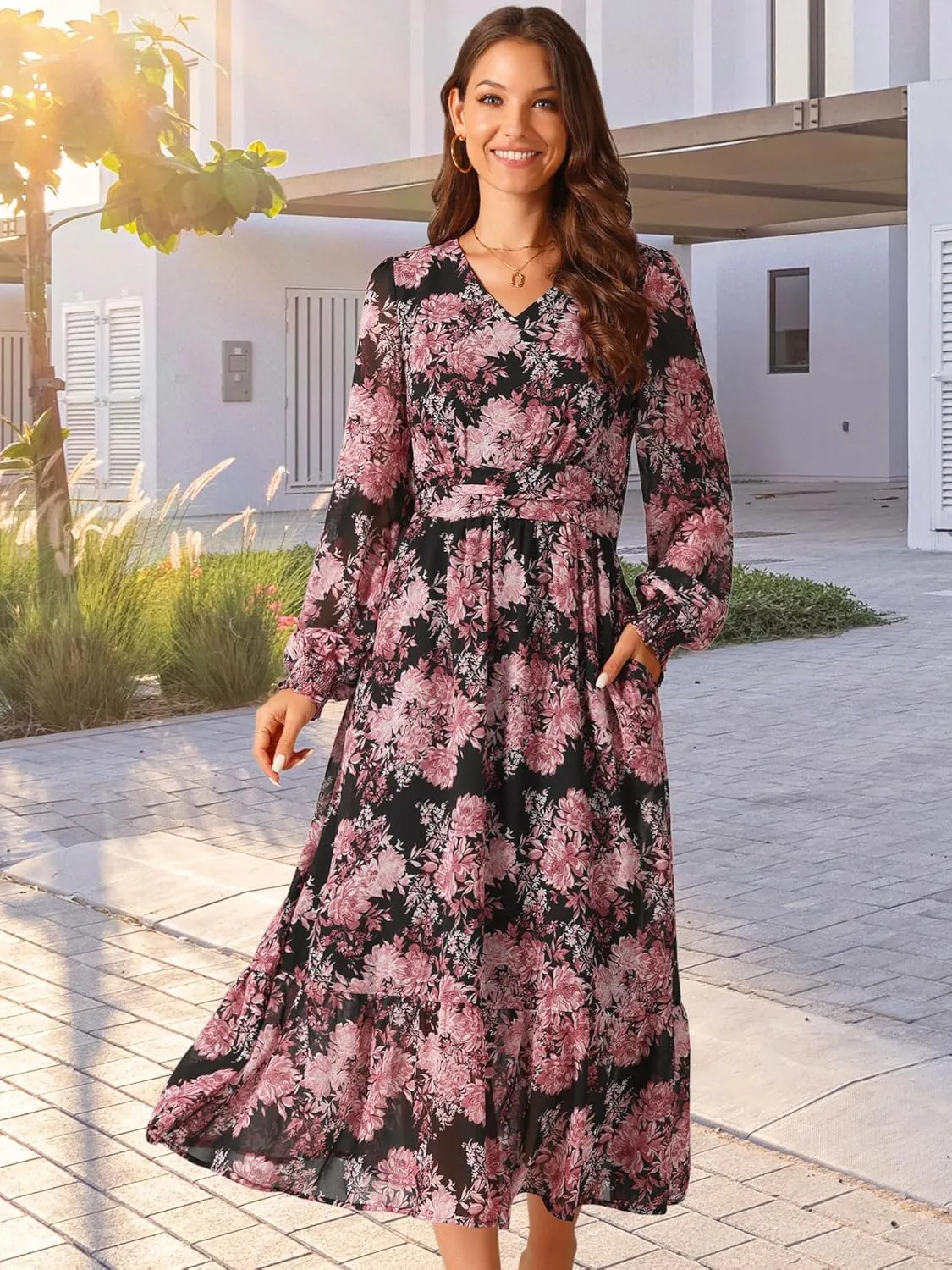 Seta T Women's Long Sleeve Floral Dresses V Neck Boho Ruffle Tiered Flowy Chiffon Midi Dress with Pocket