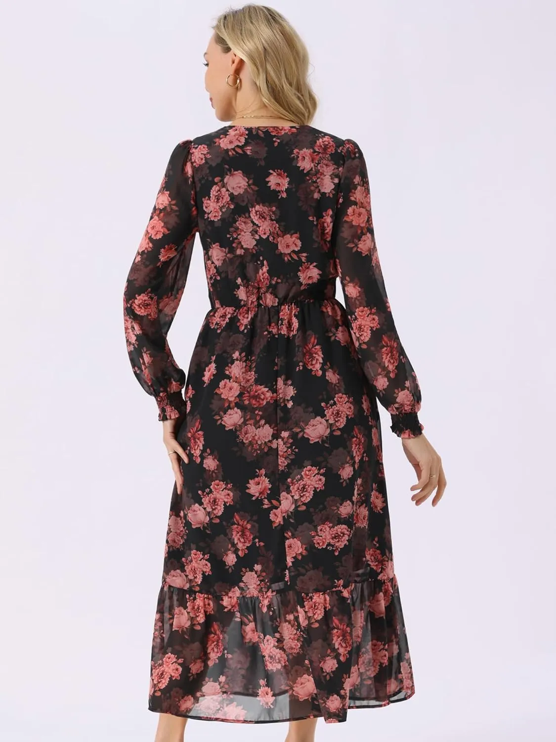 Seta T Women's Long Sleeve Floral Dresses V Neck Boho Ruffle Tiered Flowy Chiffon Midi Dress with Pocket
