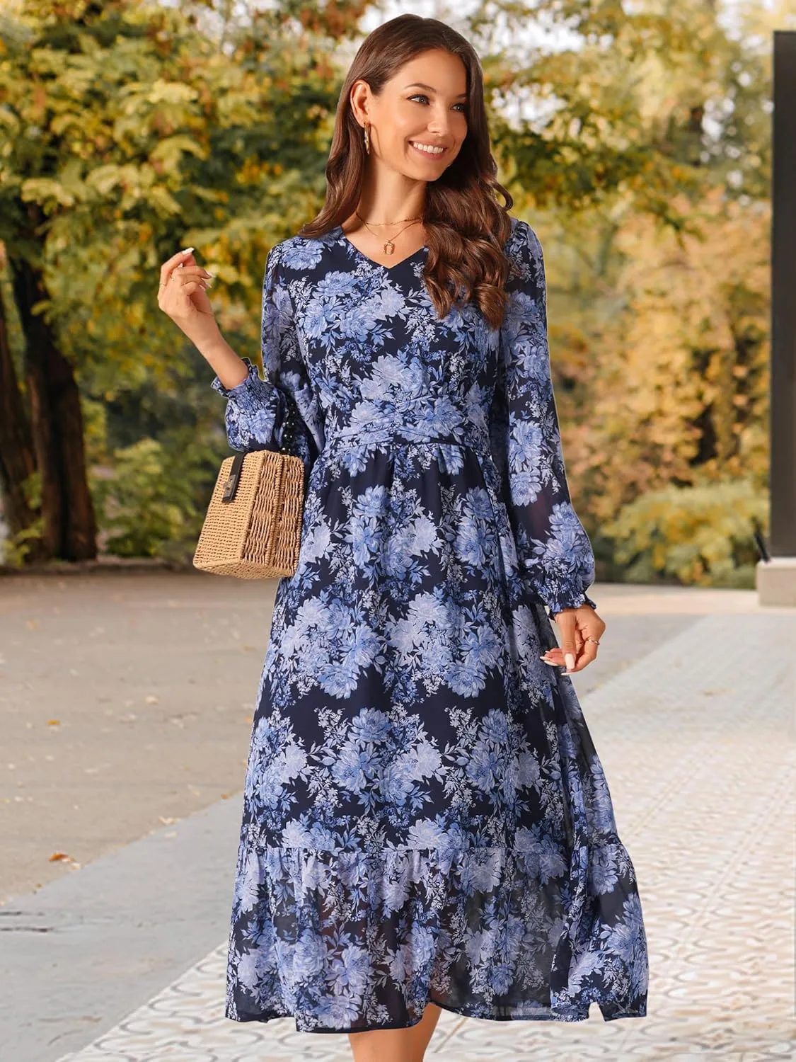 Seta T Women's Long Sleeve Floral Dresses V Neck Boho Ruffle Tiered Flowy Chiffon Midi Dress with Pocket