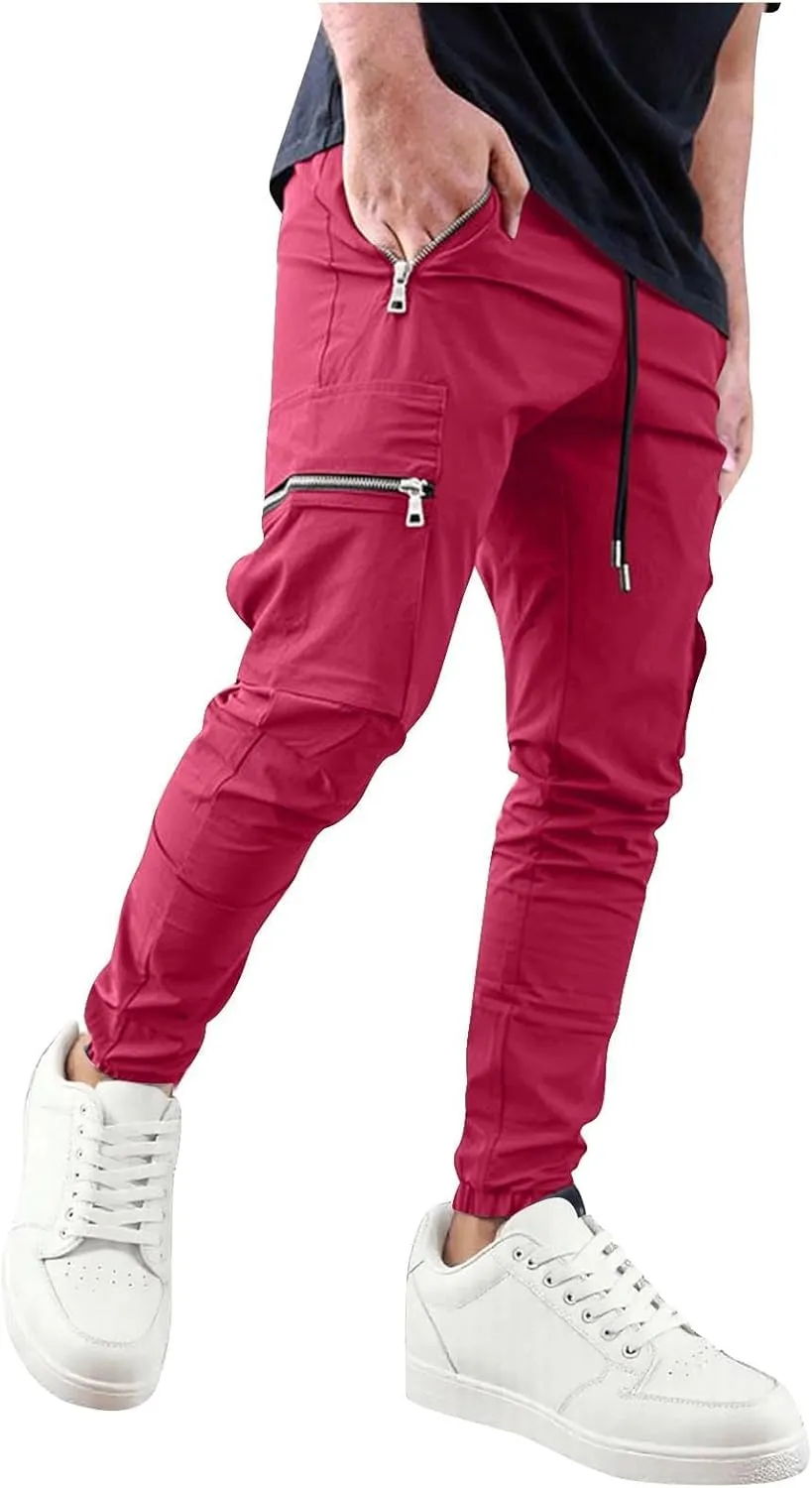 Sinzelimin Men Cargo Pants Fashion Drawstring Zipper Pockets Workwear Fishing Trouser Stretch Slim Fit Full Length Sweatpant