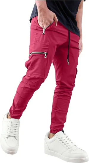 Sinzelimin Men Cargo Pants Fashion Drawstring Zipper Pockets Workwear Fishing Trouser Stretch Slim Fit Full Length Sweatpant