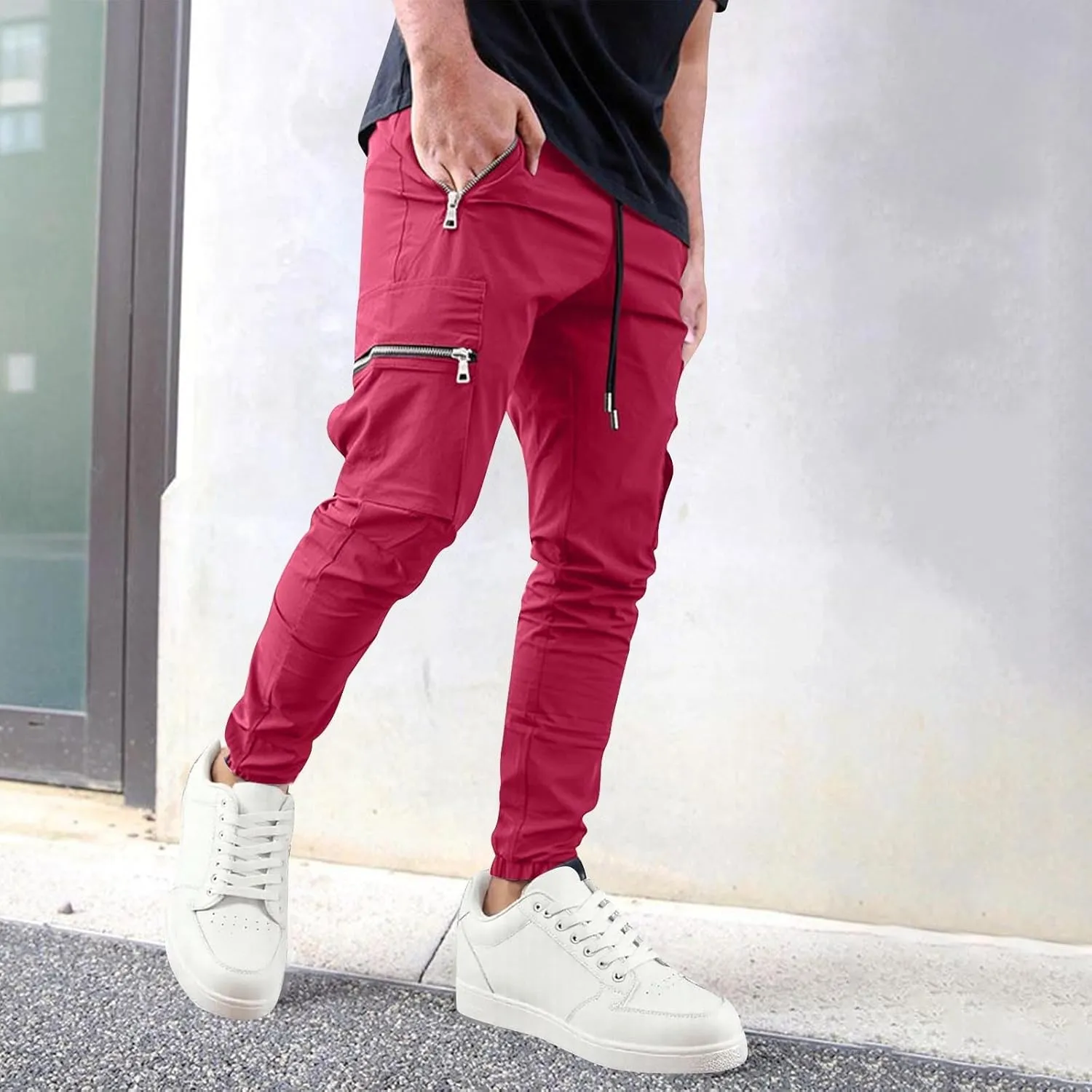 Sinzelimin Men Cargo Pants Fashion Drawstring Zipper Pockets Workwear Fishing Trouser Stretch Slim Fit Full Length Sweatpant