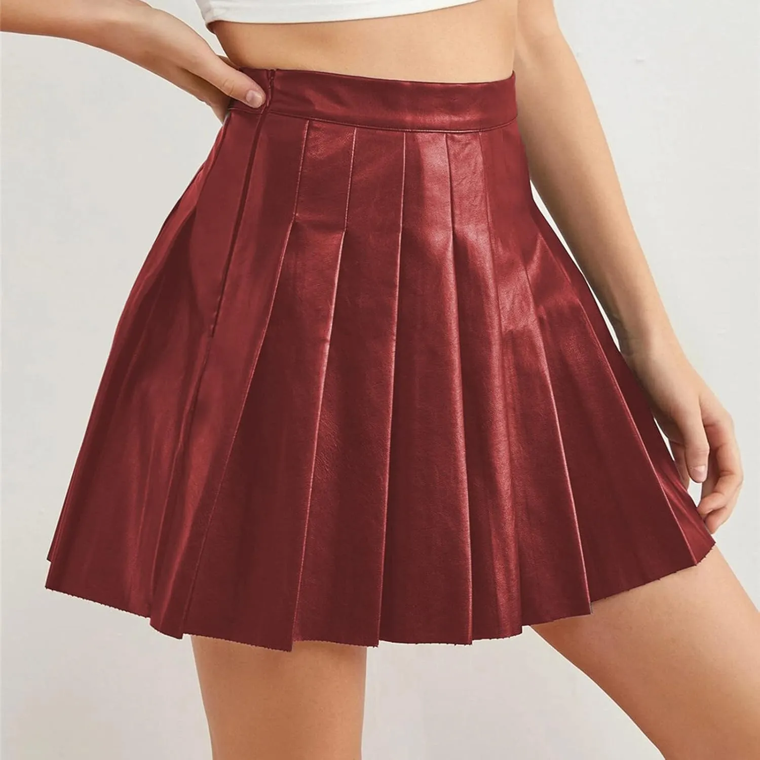 Skirt Pleated Elegant Waist High Skirt Short Leather Women's Solid Skirt Pleated Midi Skirt Plaid