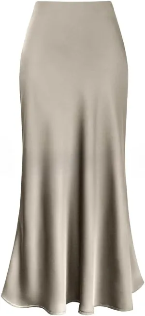Sorrica Womens Elegant Satin Skirt High Waisted Cocktail Party Wedding Mermaid Hem Satin Maxi Skirts