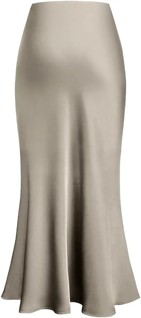 Sorrica Womens Elegant Satin Skirt High Waisted Cocktail Party Wedding Mermaid Hem Satin Maxi Skirts