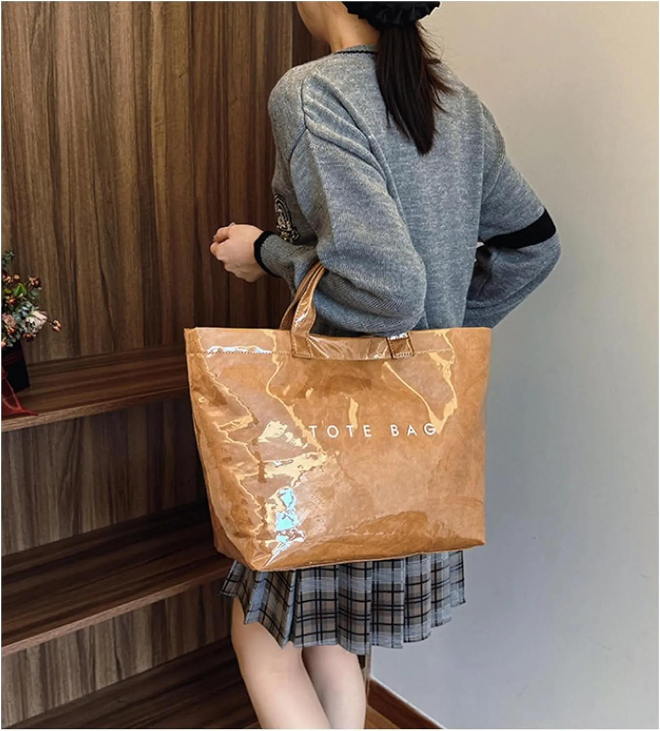 Stellaya Womens Letters Print Tote Bag with PVC Tote Bag Medium Tote Bag for Women PVC Kraft Paper Tote Bag