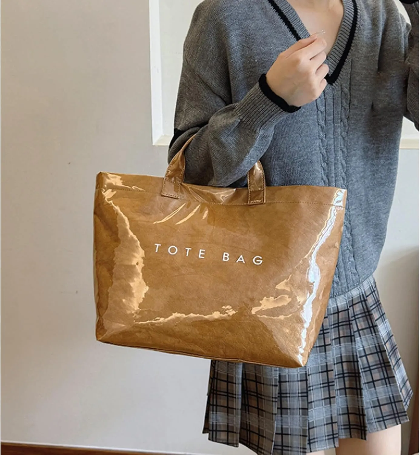 Stellaya Womens Letters Print Tote Bag with PVC Tote Bag Medium Tote Bag for Women PVC Kraft Paper Tote Bag