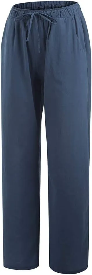 Straight Fit Linen Pants for Women Elastic Waist Trousers Loose Fit Comfort Pants Summer Pants with Pocket