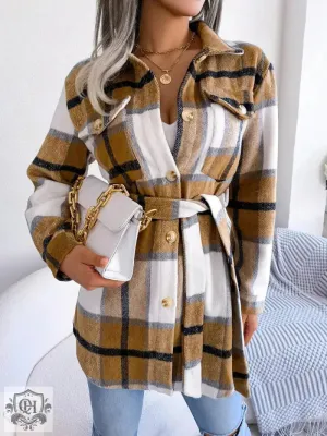 Stylish Belted Checkered Coat