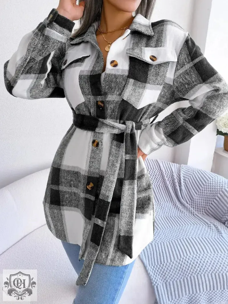 Stylish Belted Checkered Coat