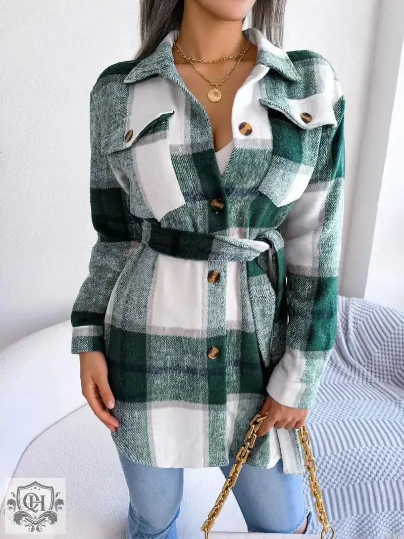 Stylish Belted Checkered Coat