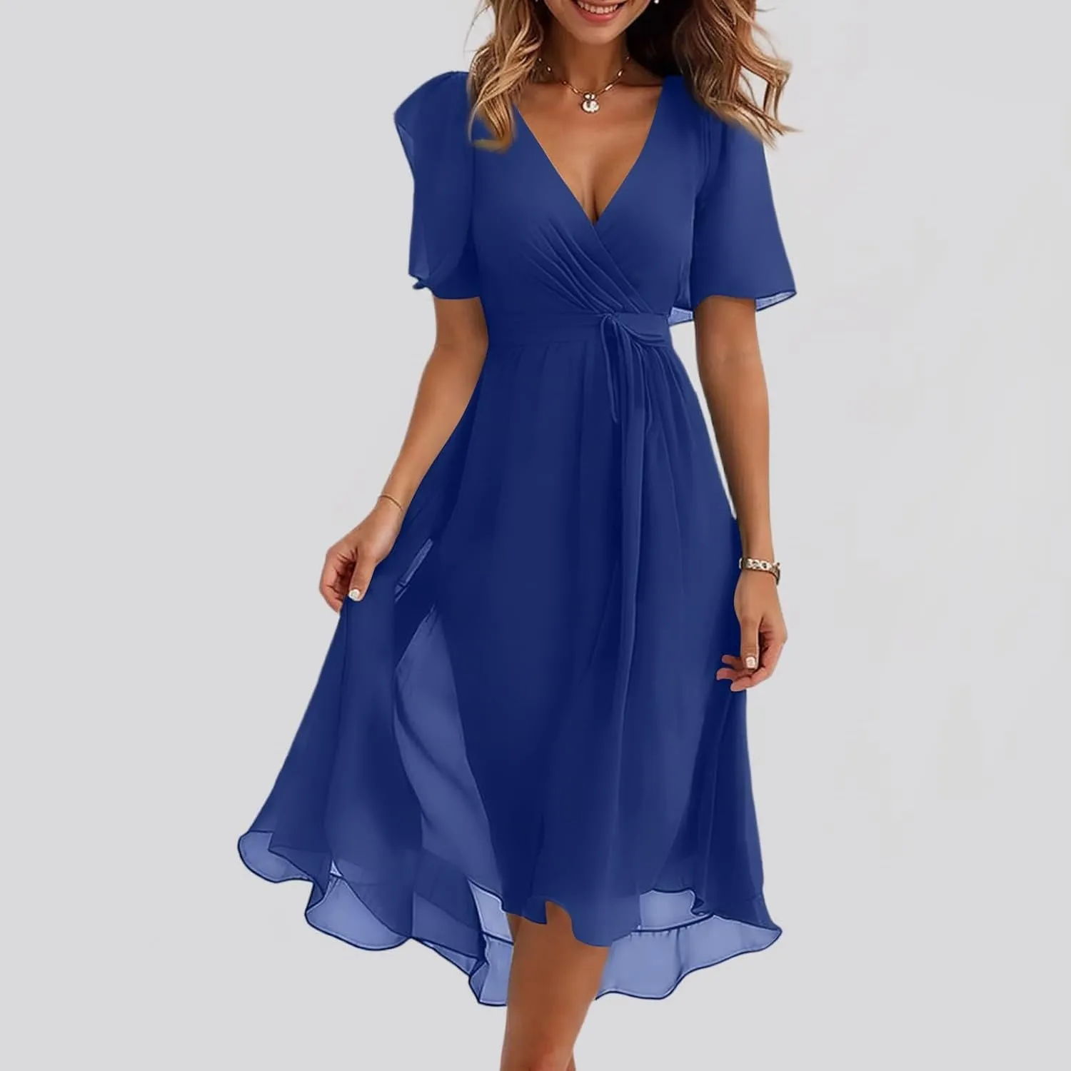 Summer Floral Chiffon Dresses for Women 2025 Midi Trendy Short Sleeve V Neck Tie Elastic Waist Flowy Swing A Line Dress