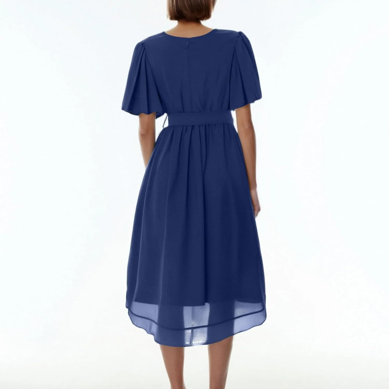 Summer Floral Chiffon Dresses for Women 2025 Midi Trendy Short Sleeve V Neck Tie Elastic Waist Flowy Swing A Line Dress